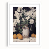 Vintage Botanical Art Print - White Flowers in Vase with Lemons – Framed