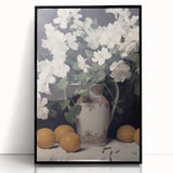 Vintage Botanical Art Print - White Flowers in Vase with Lemons – Framed