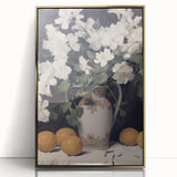 Vintage Botanical Art Print - White Flowers in Vase with Lemons – Framed