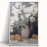 Vintage Botanical Art Print - White Flowers in Vase with Lemons – Framed