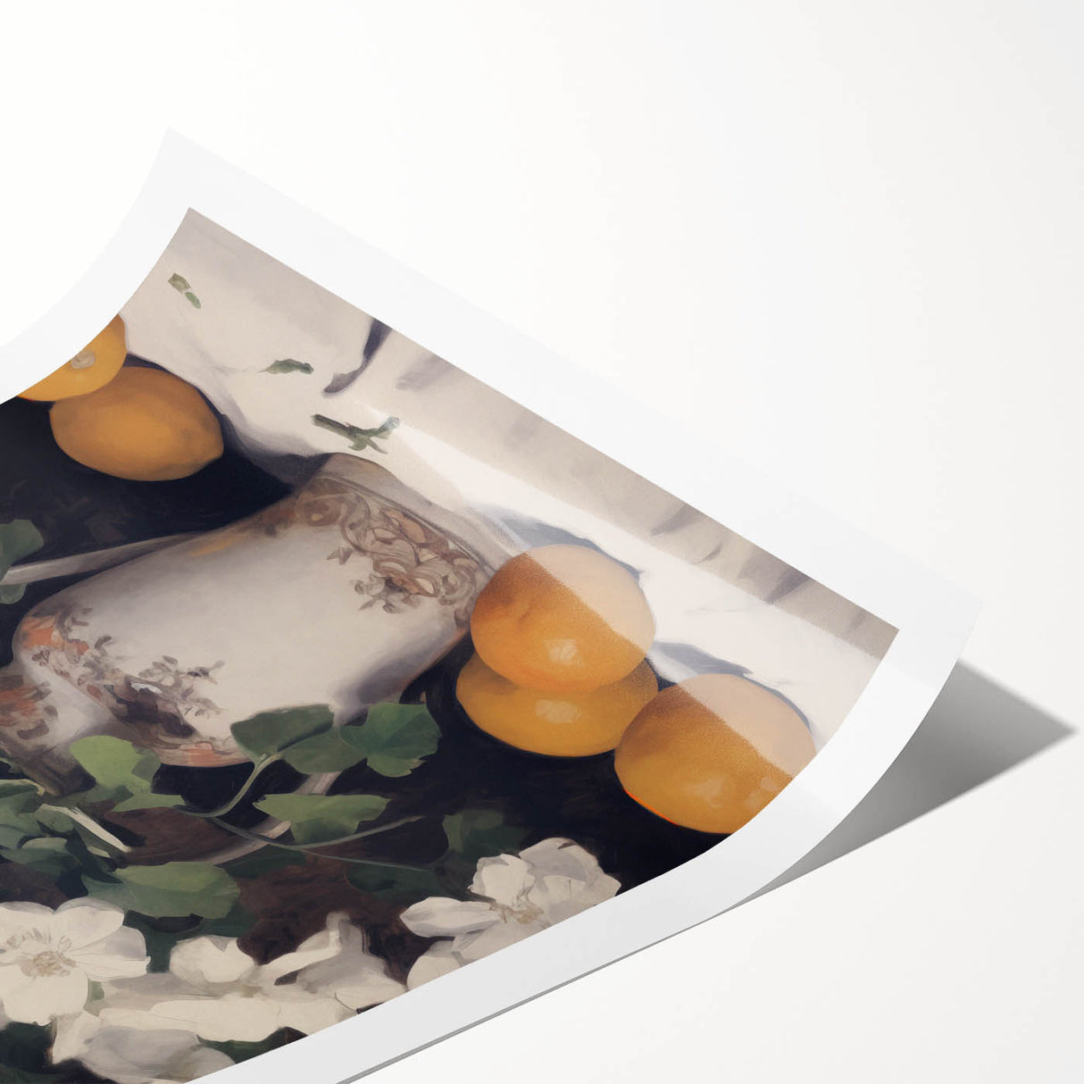 Vintage Botanical Art Print - White Flowers in Vase with Lemons – Framed