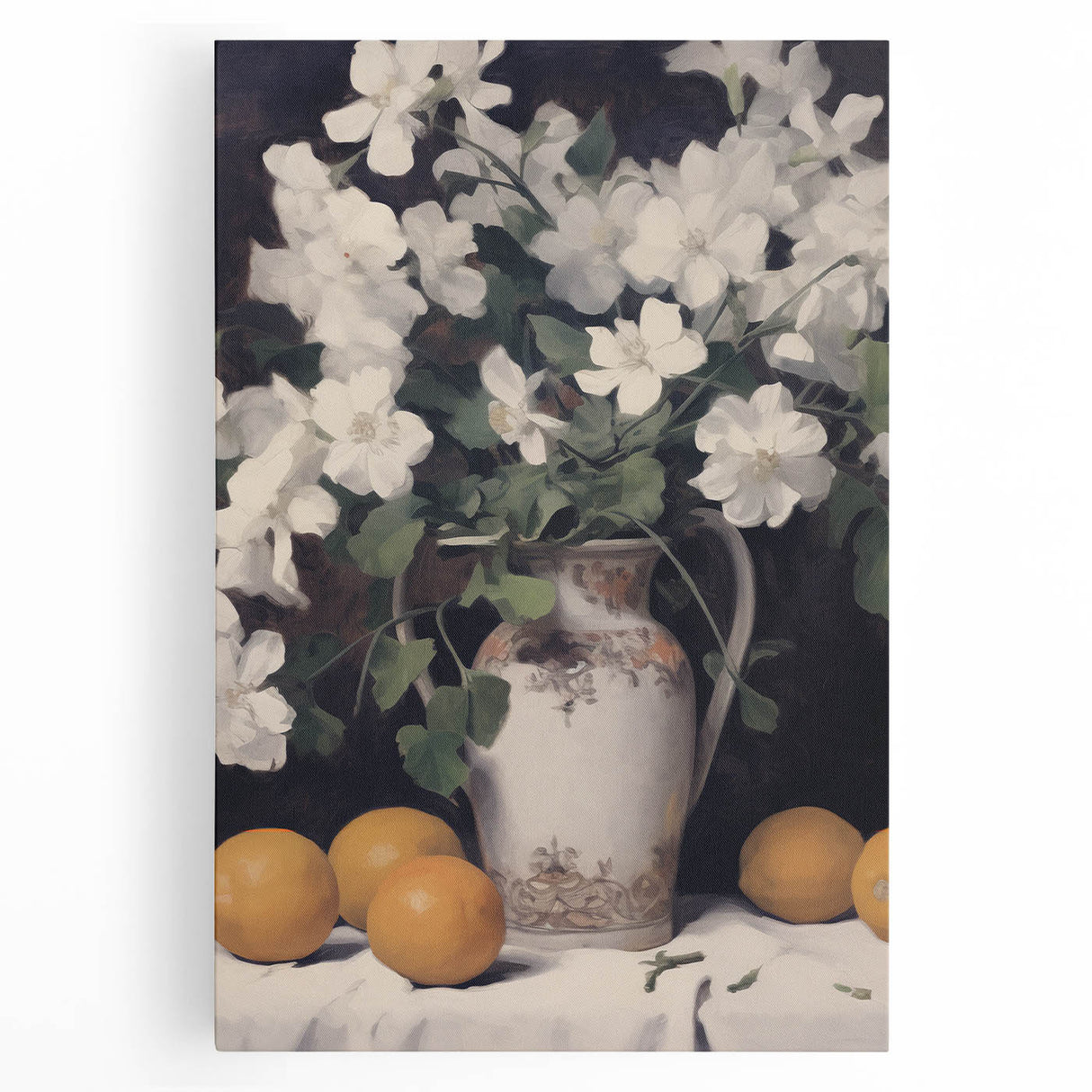 Vintage Botanical Art Print - White Flowers in Vase with Lemons – Framed