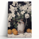 Vintage Botanical Art Print - White Flowers in Vase with Lemons – Framed