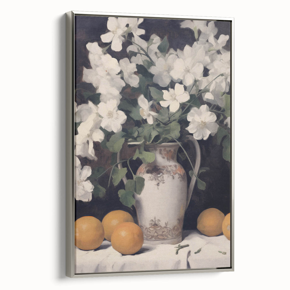 Vintage Botanical Art Print - White Flowers in Vase with Lemons – Framed