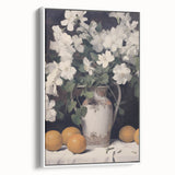 Vintage Botanical Art Print - White Flowers in Vase with Lemons – Framed