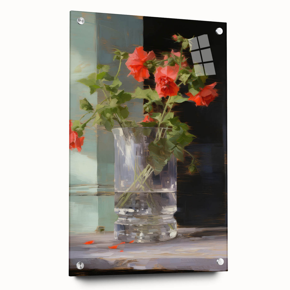 Vintage Botanical Art Print - Red Flowers in Glass Vase – Framed