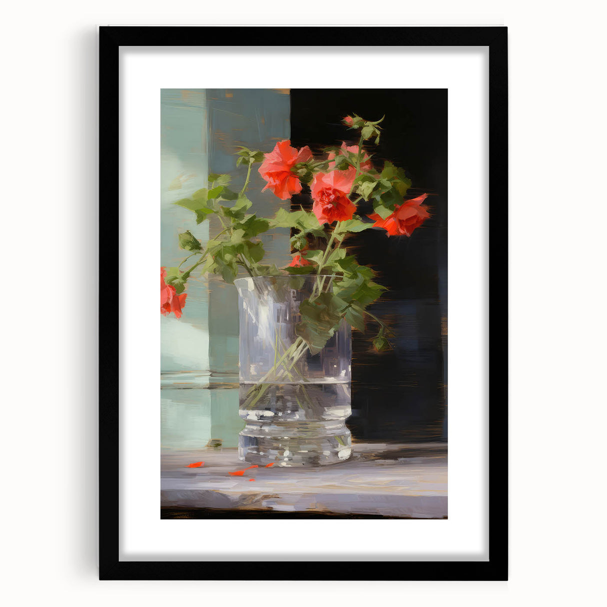 Vintage Botanical Art Print - Red Flowers in Glass Vase – Framed