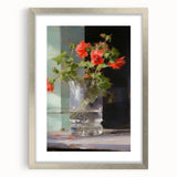 Vintage Botanical Art Print - Red Flowers in Glass Vase – Framed