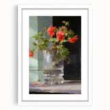 Vintage Botanical Art Print - Red Flowers in Glass Vase – Framed