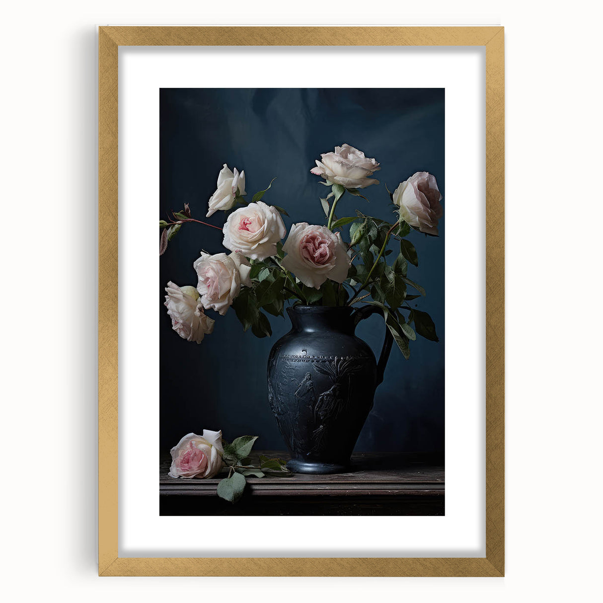 Vintage Botanical Art Print - Roses in Black Vase – Framed