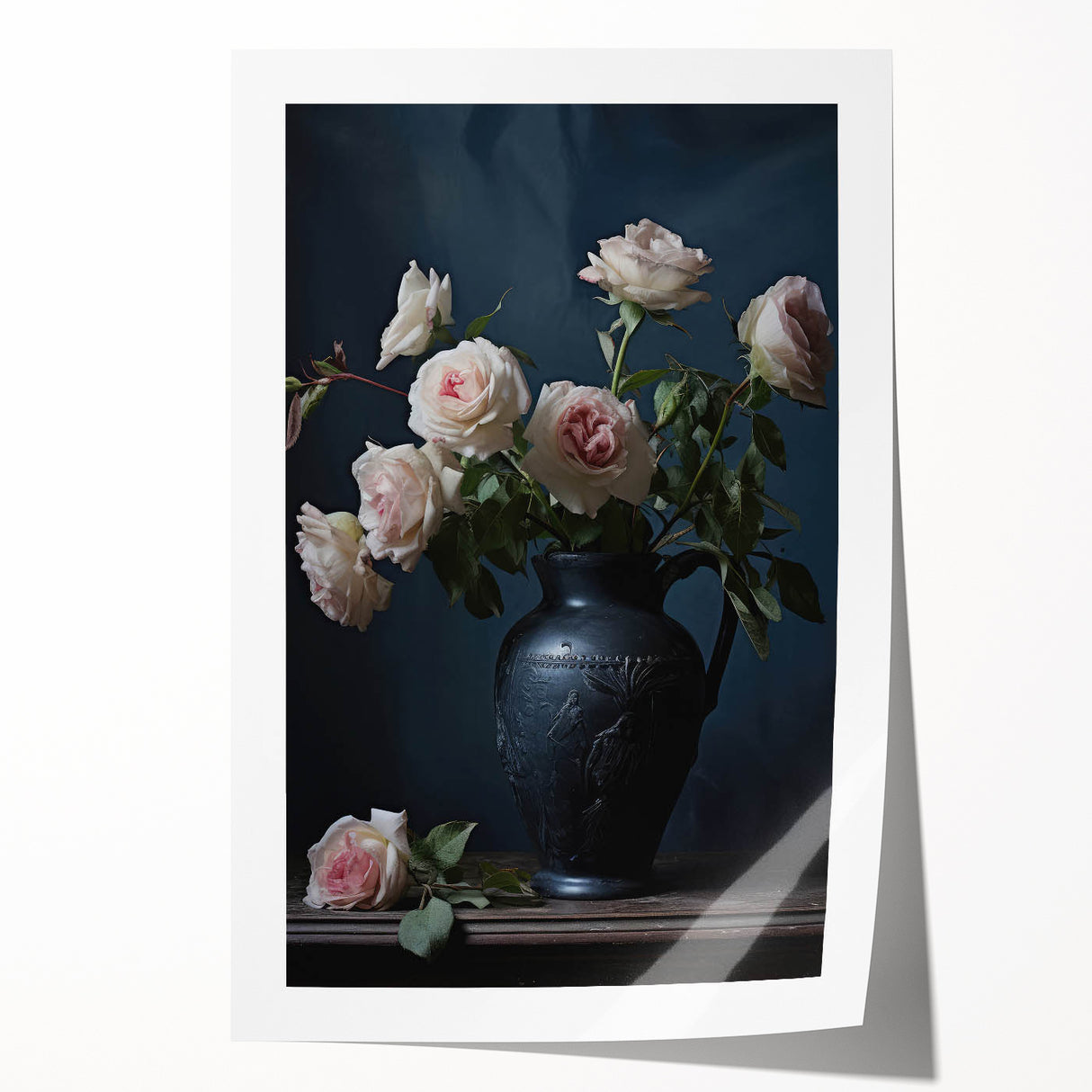 Vintage Botanical Art Print - Roses in Black Vase – Framed