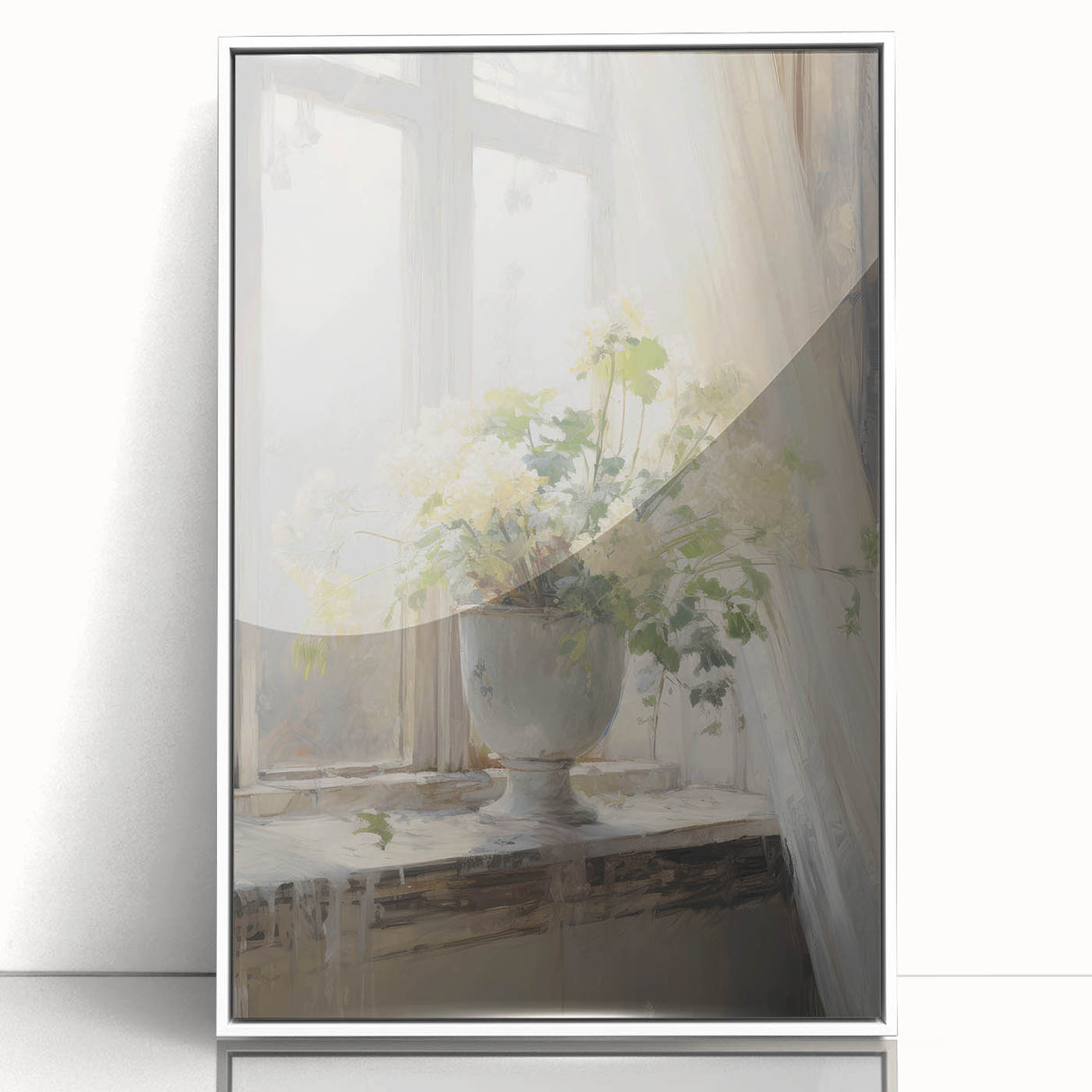 Vintage Botanical Art Print - White Flowers by Window – Framed