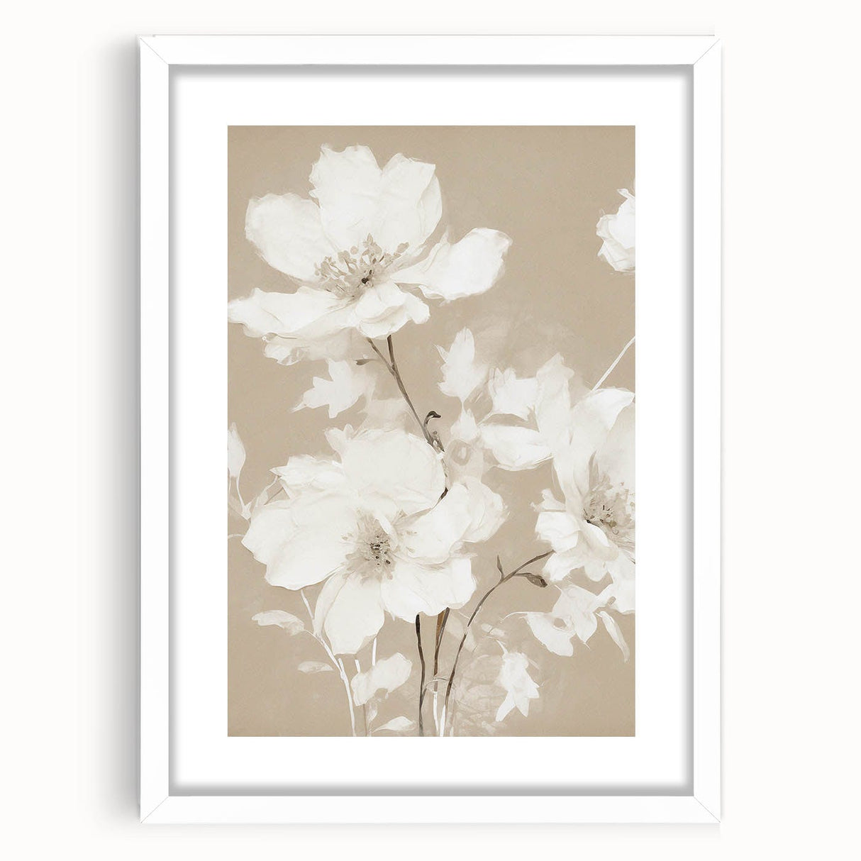 Vintage Botanical Art Print: Soft White Floral Illustration