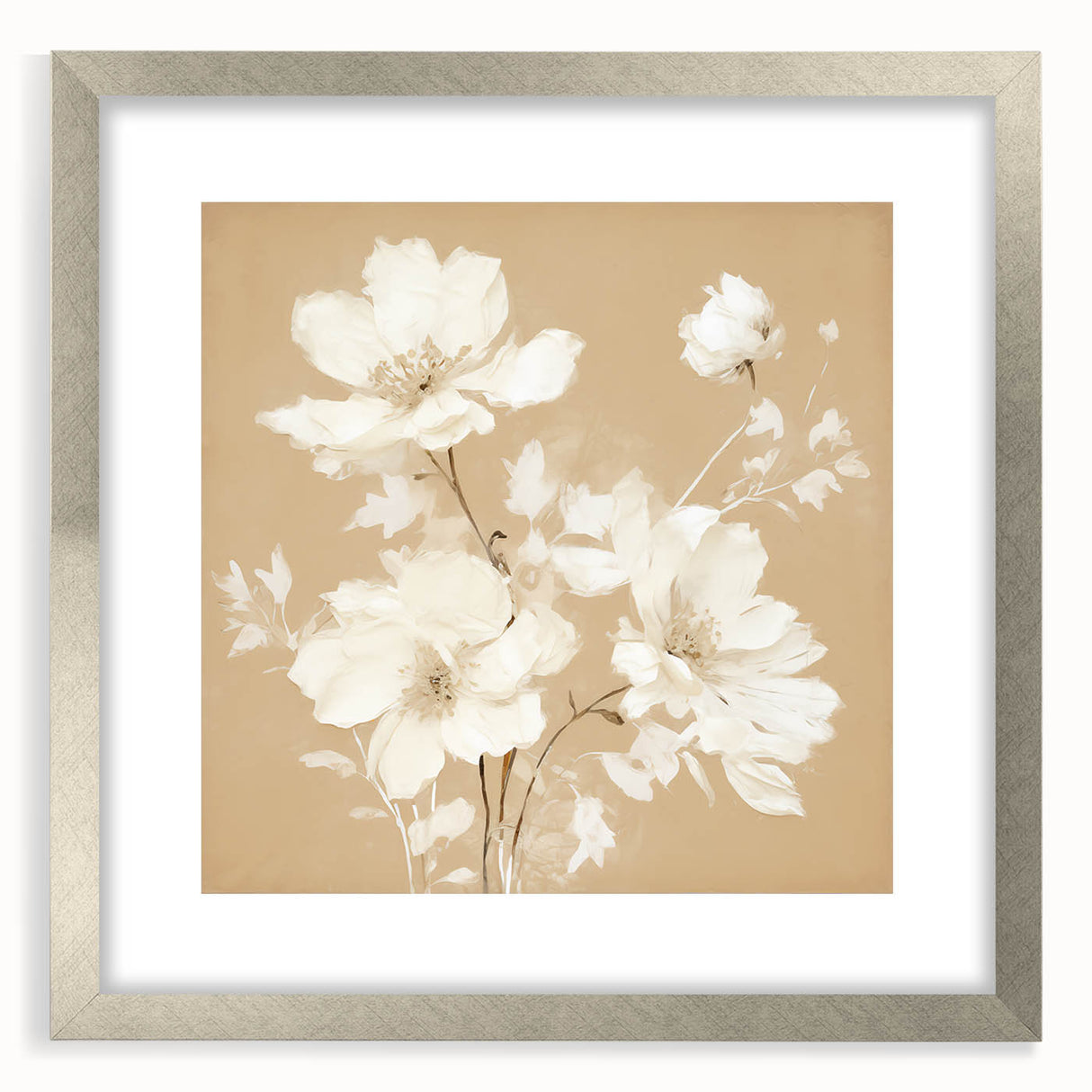 Vintage Botanical Art Print - Elegant White Flowers on Beige – Framed