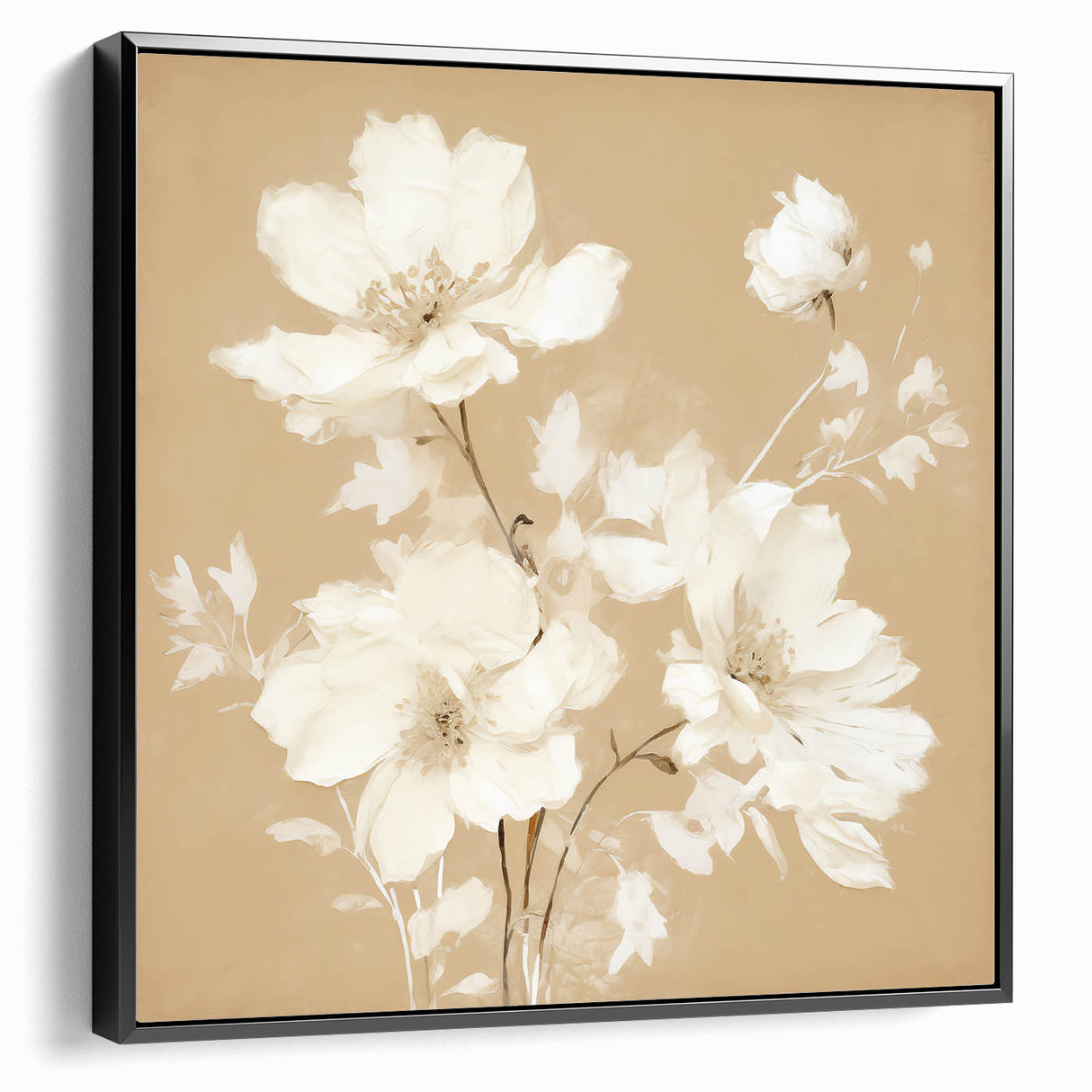 Vintage Botanical Art Print - Elegant White Flowers on Beige – Framed