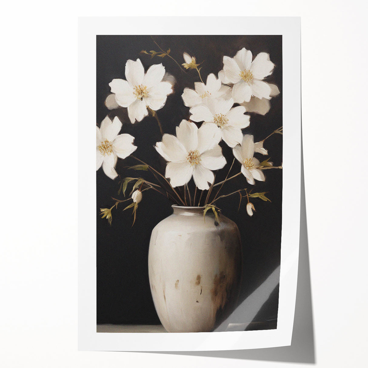 Vintage Botanical Art Print: White Floral Vase Illustration