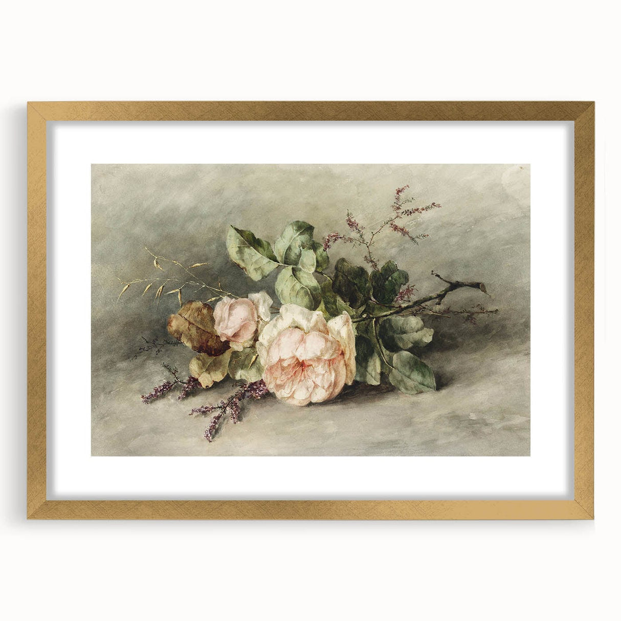 Vintage Floral Art – Soft Peach Roses & Greenery Wall Print