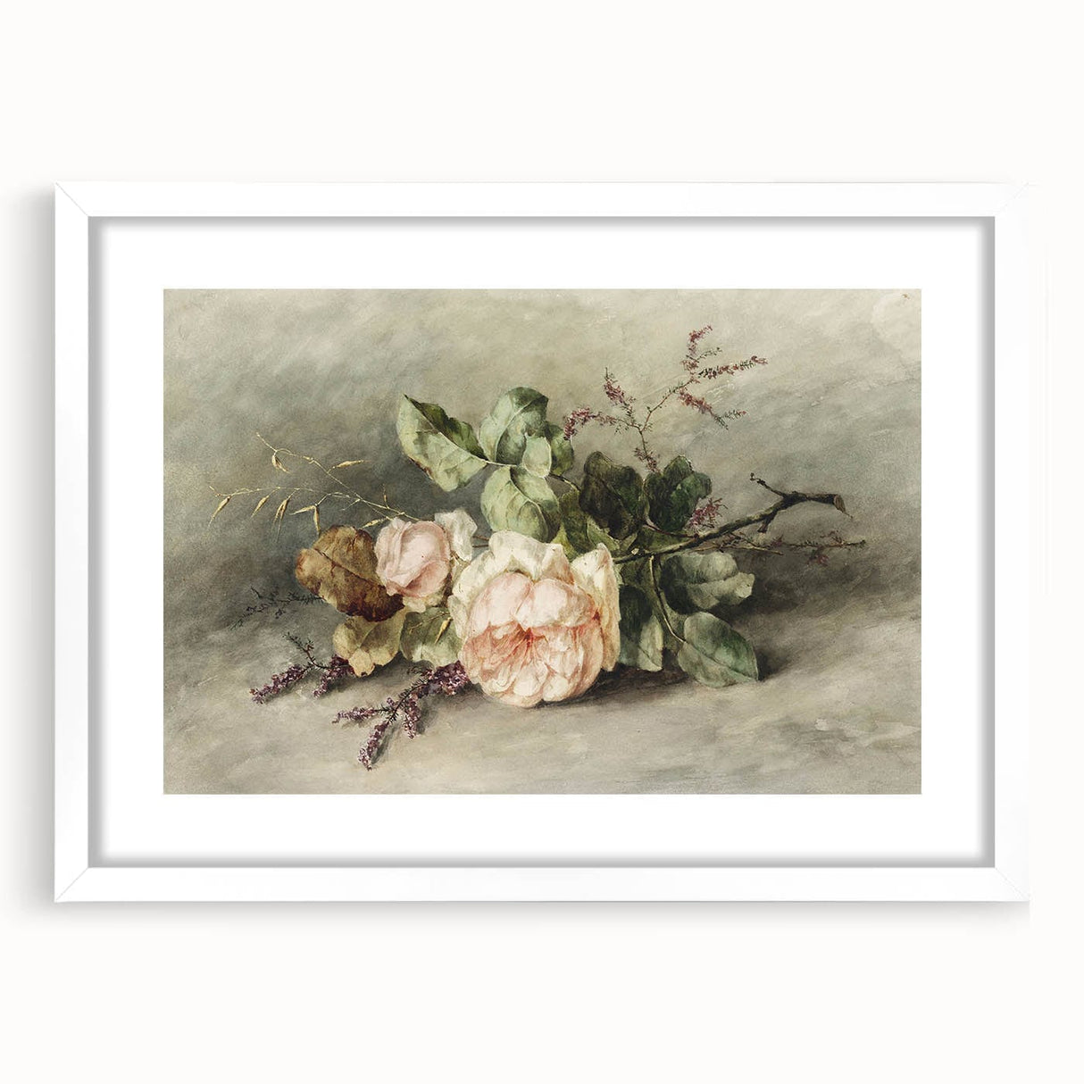 Vintage Floral Art – Soft Peach Roses & Greenery Wall Print