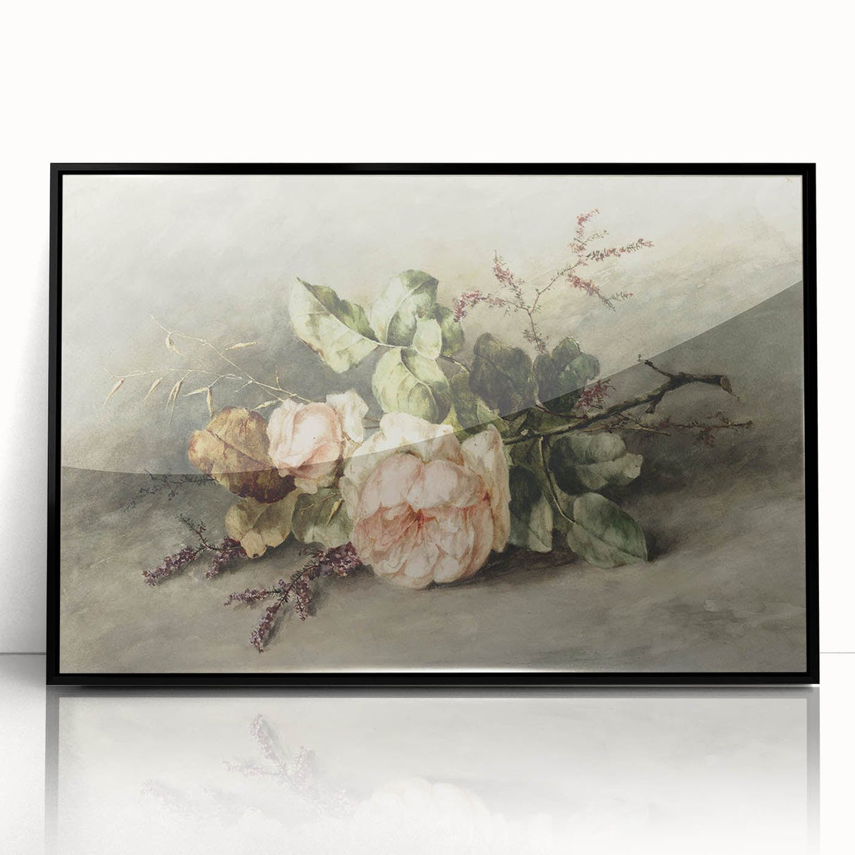 Vintage Floral Art – Soft Peach Roses & Greenery Wall Print