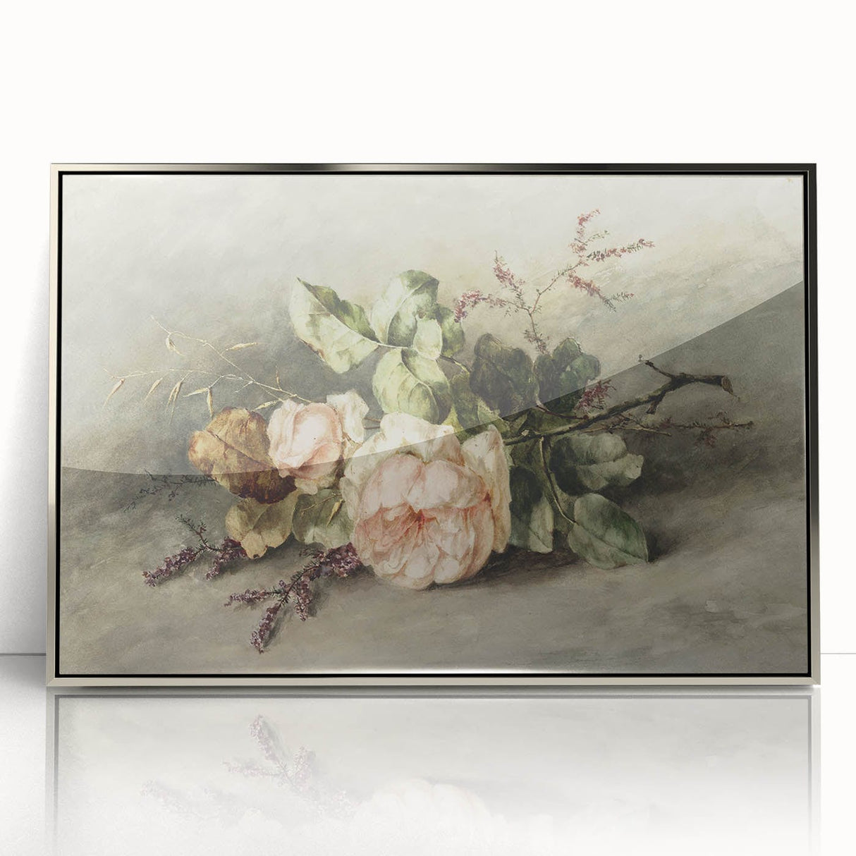 Vintage Floral Art – Soft Peach Roses & Greenery Wall Print