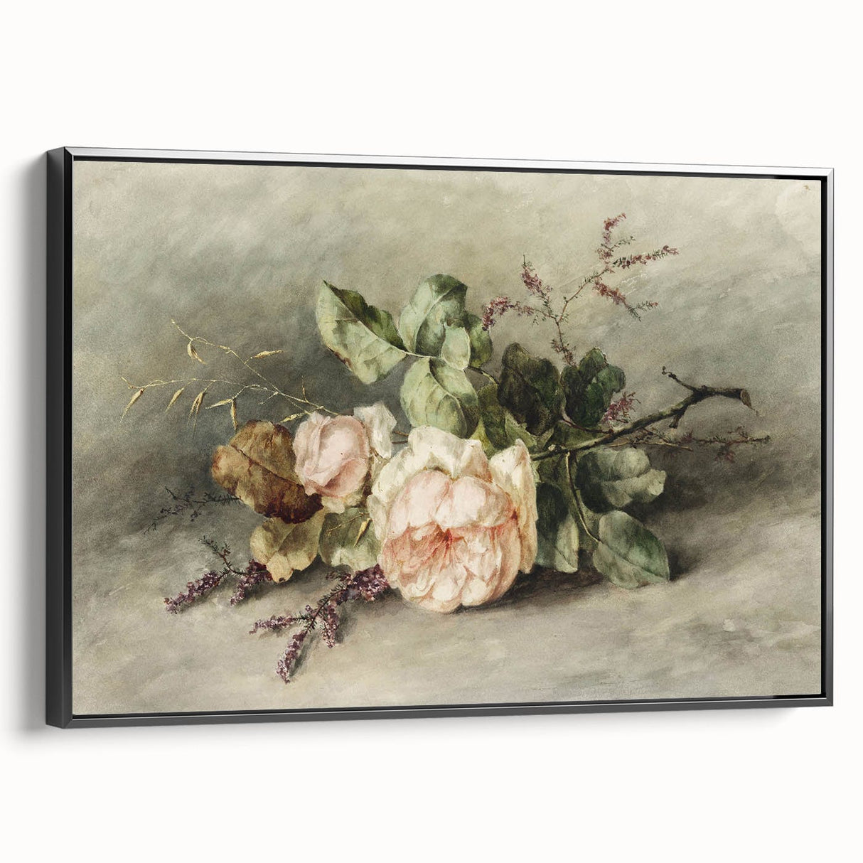 Vintage Floral Art – Soft Peach Roses & Greenery Wall Print