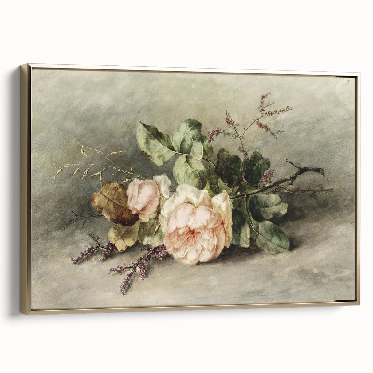 Vintage Floral Art – Soft Peach Roses & Greenery Wall Print