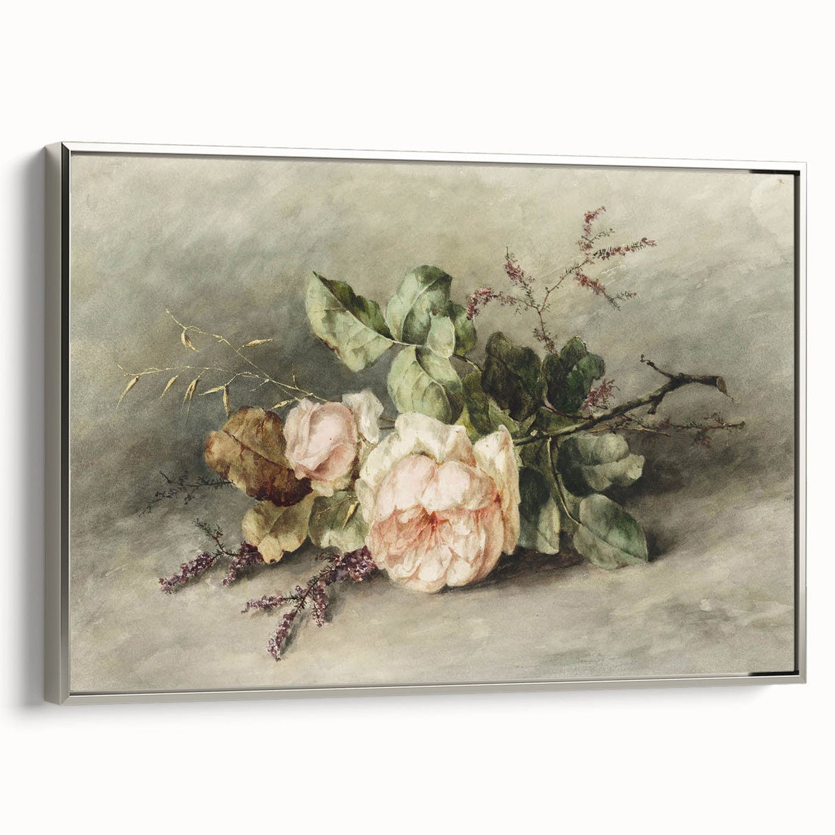 Vintage Floral Art – Soft Peach Roses & Greenery Wall Print