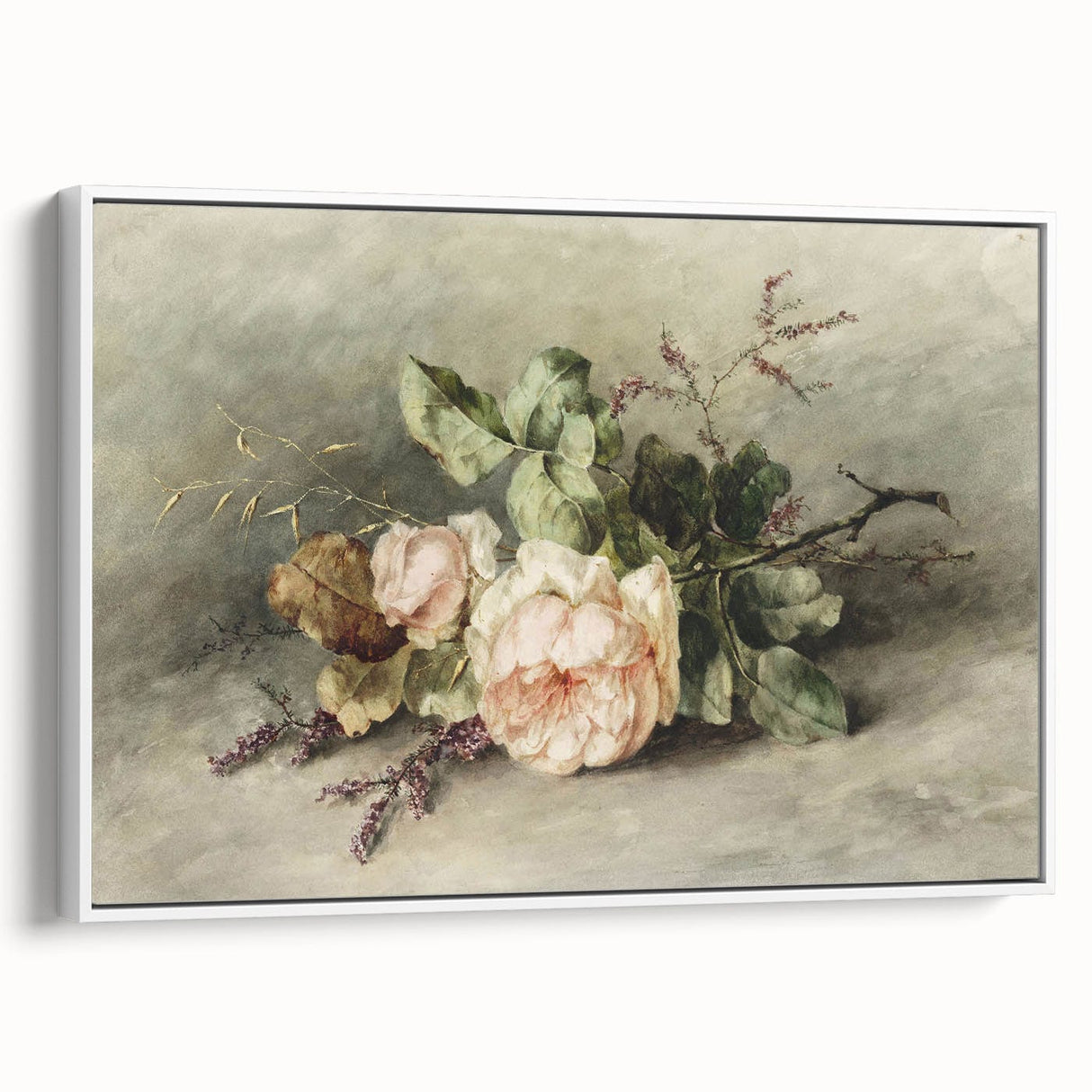 Vintage Floral Art – Soft Peach Roses & Greenery Wall Print