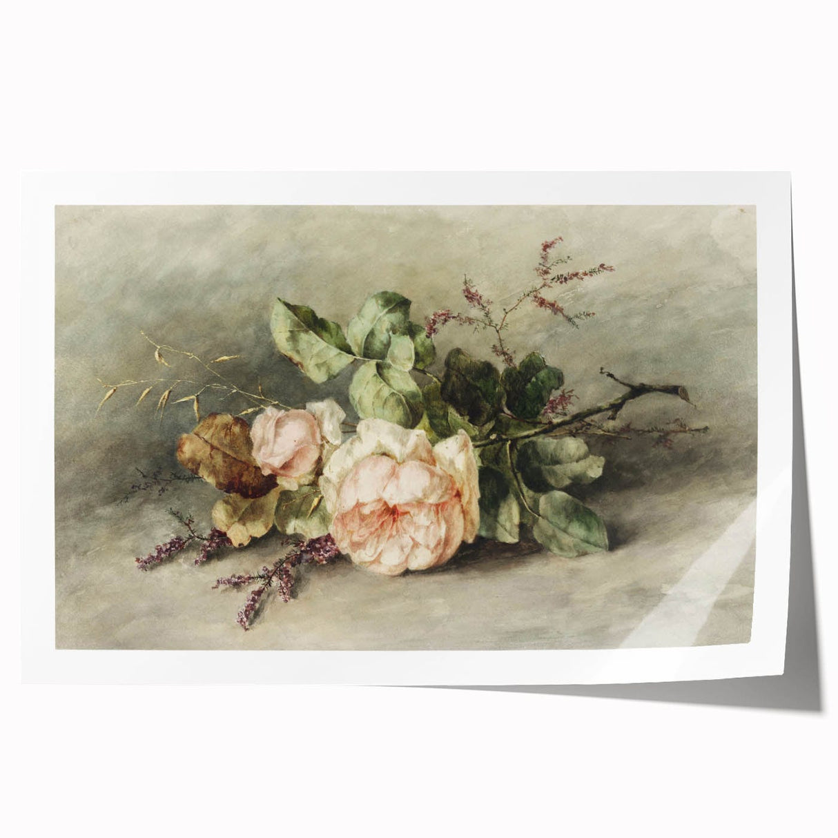 Vintage Floral Art – Soft Peach Roses & Greenery Wall Print