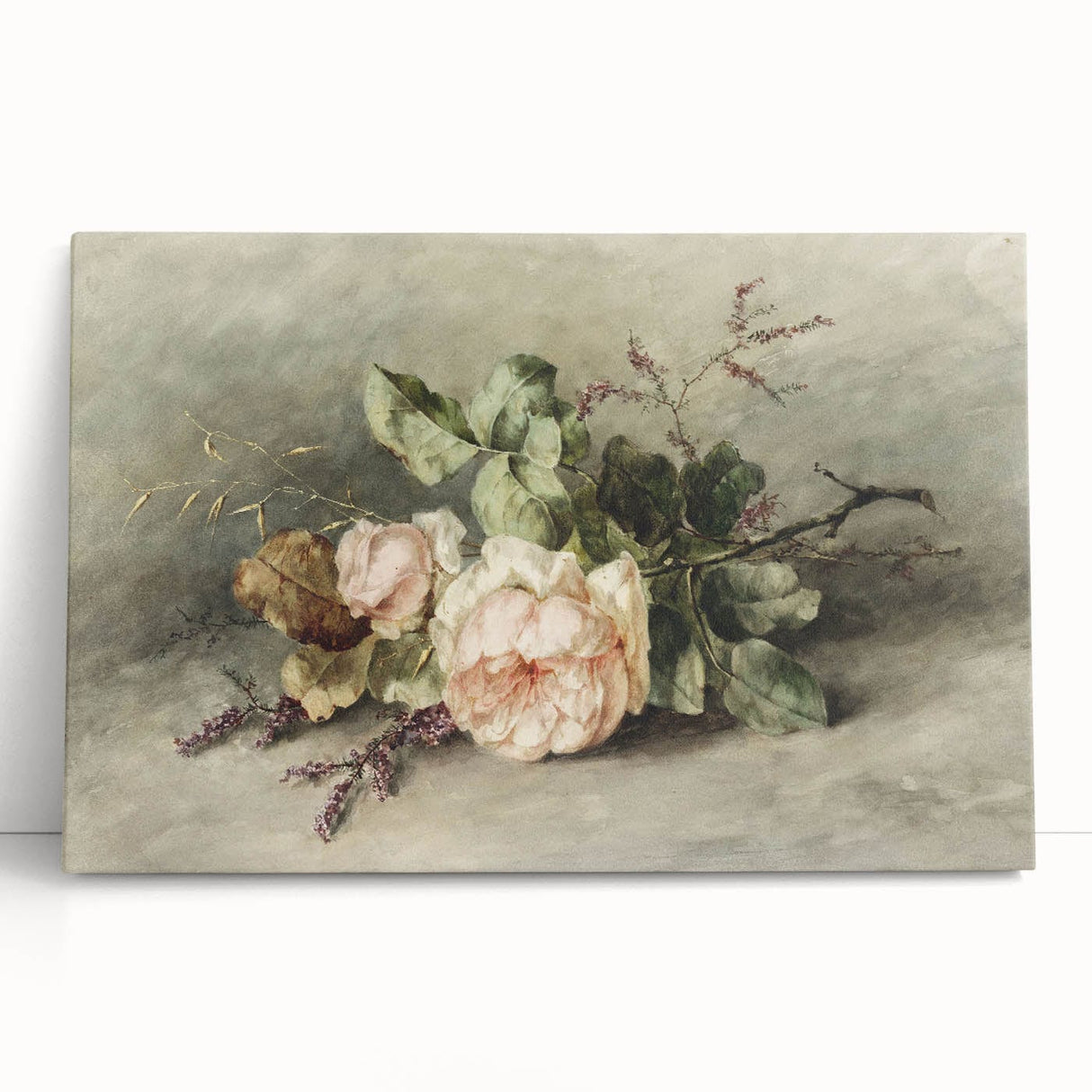 Vintage Floral Art – Soft Peach Roses & Greenery Wall Print