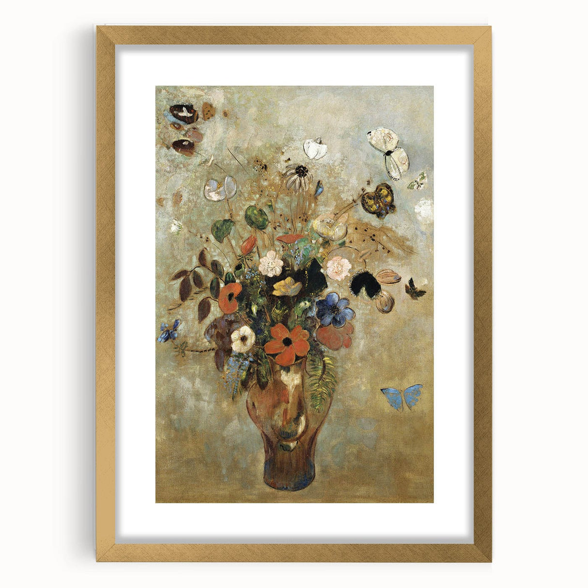 Vintage Floral Bouquet in Vase with Butterflies – Framed Wall Art