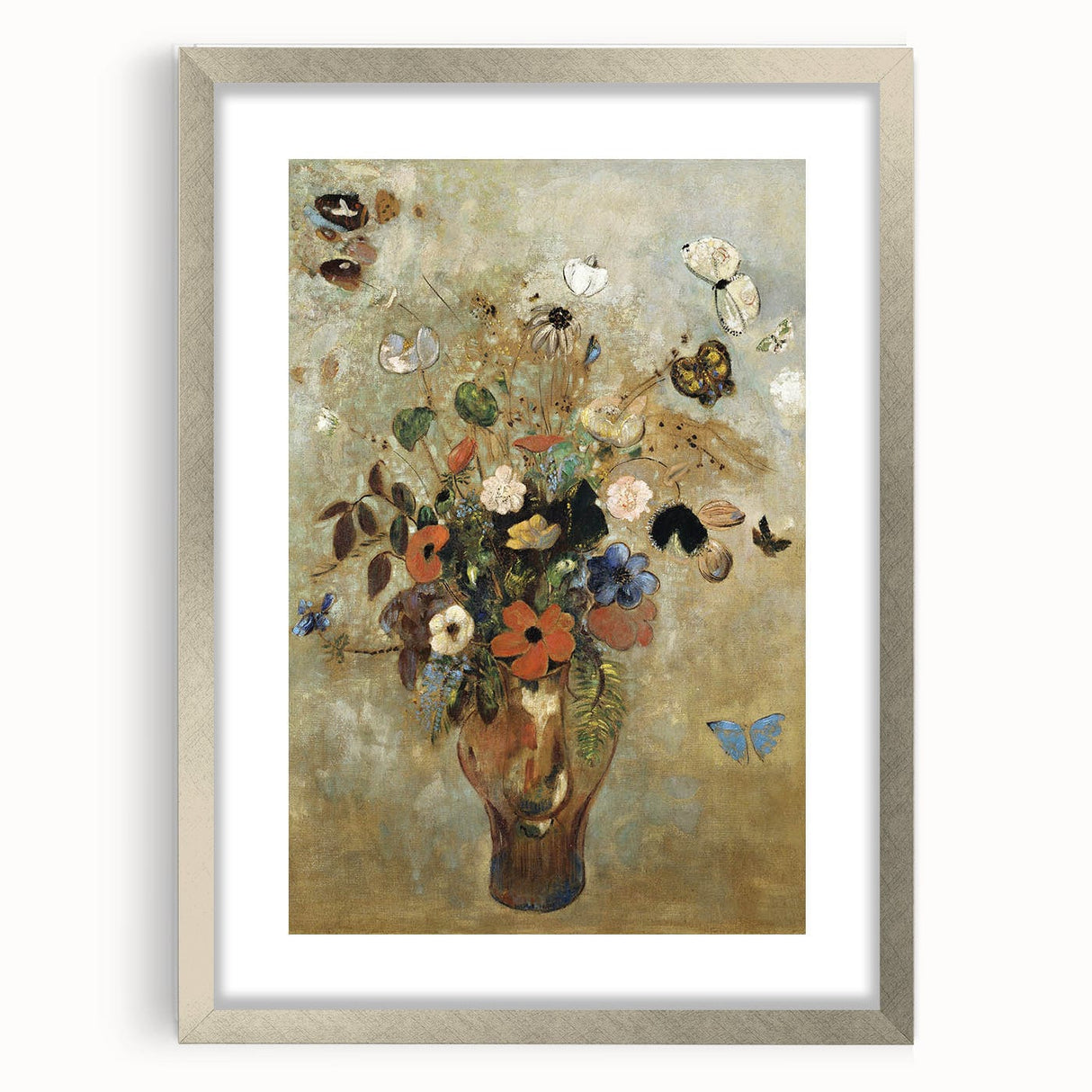 Vintage Floral Bouquet in Vase with Butterflies – Framed Wall Art