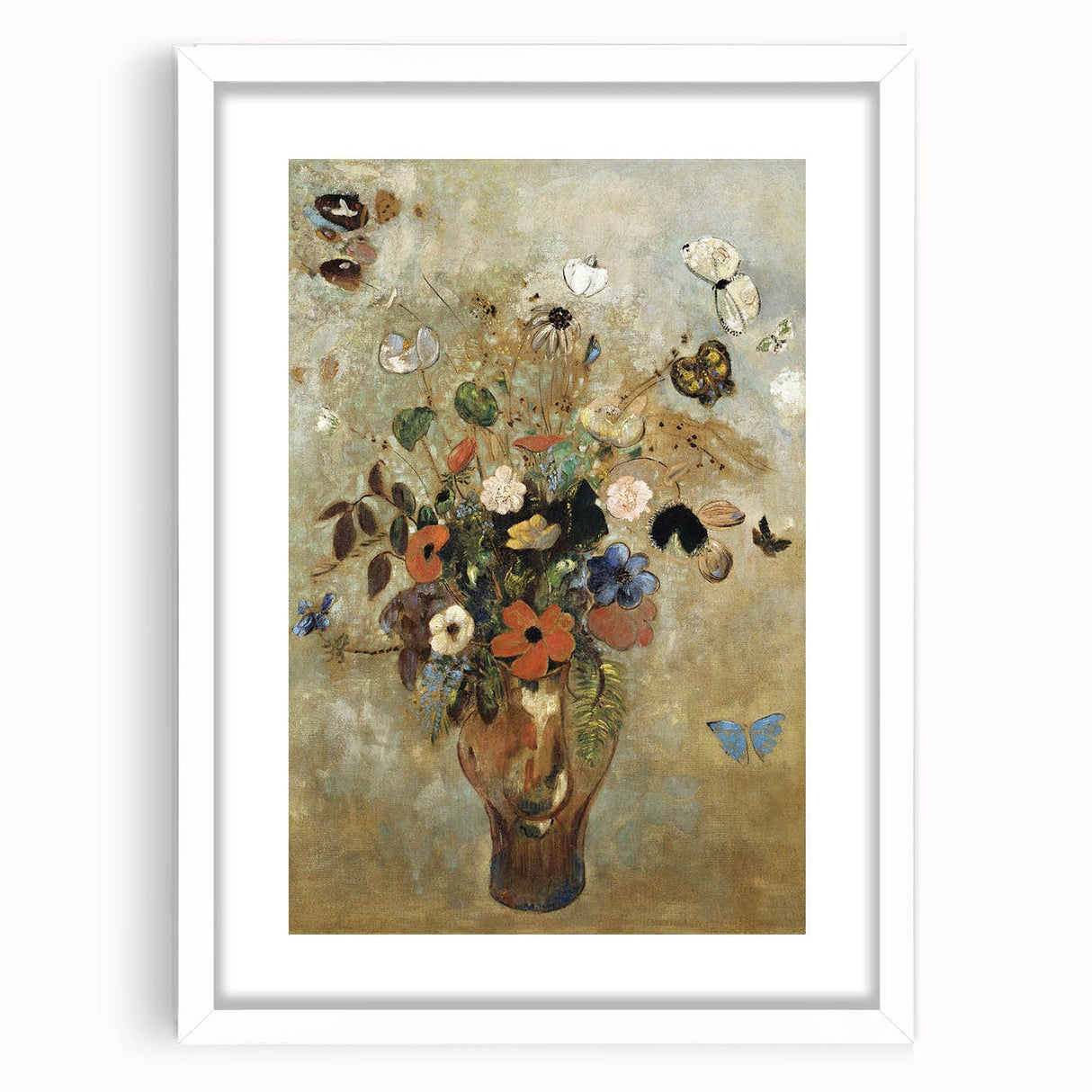 Vintage Floral Bouquet in Vase with Butterflies – Framed Wall Art