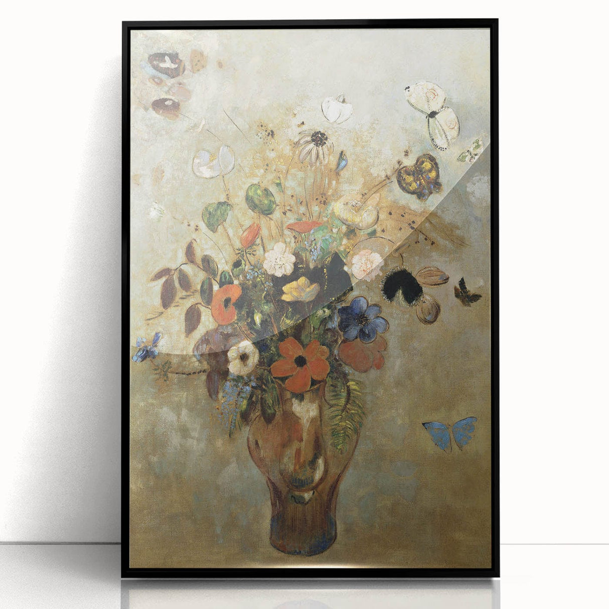 Vintage Floral Bouquet in Vase with Butterflies – Framed Wall Art