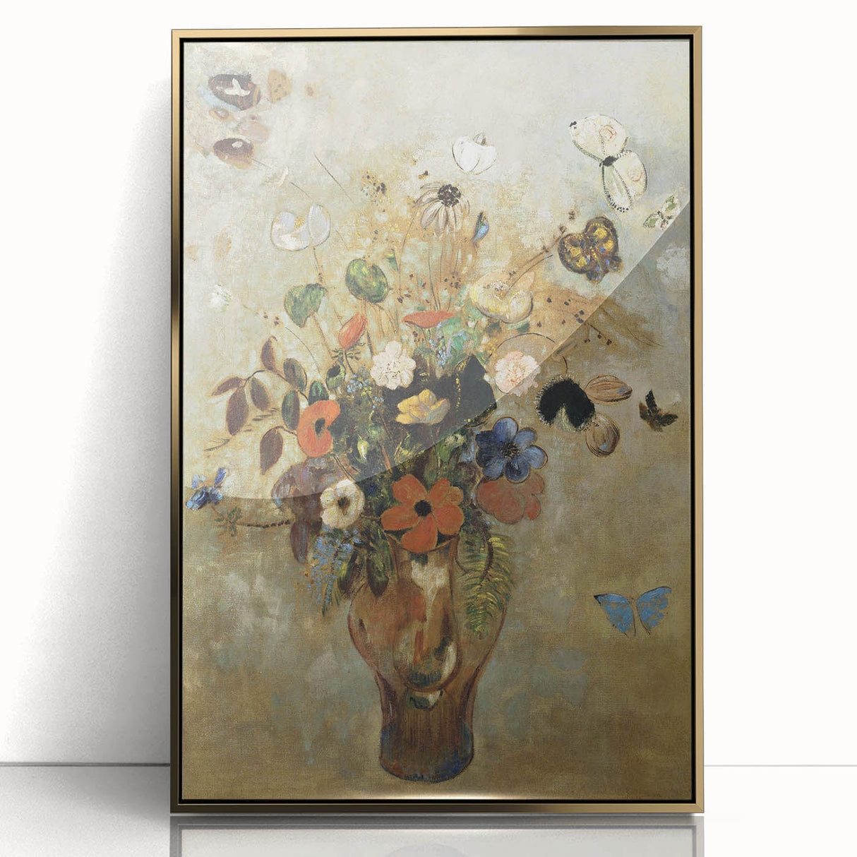 Vintage Floral Bouquet in Vase with Butterflies – Framed Wall Art