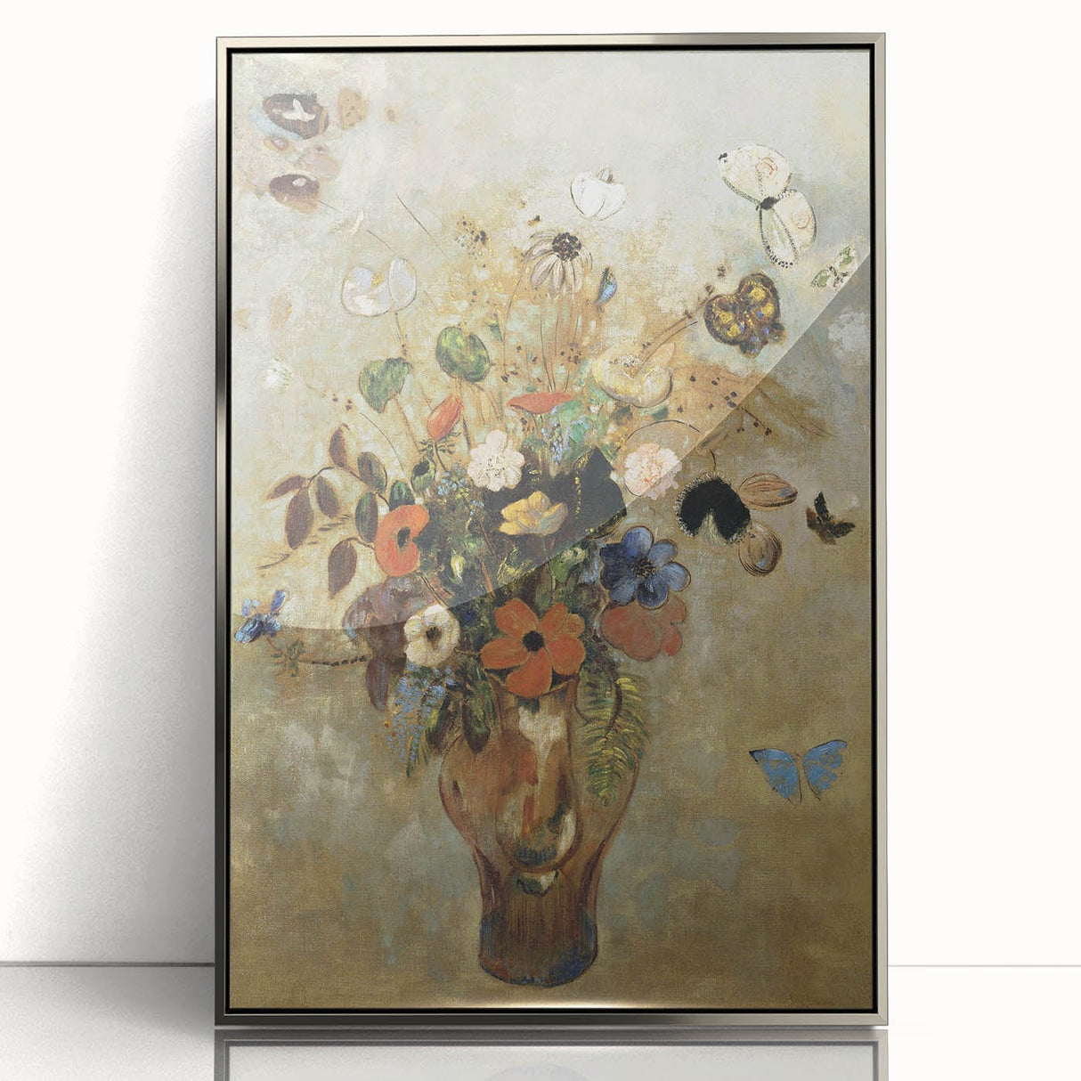 Vintage Floral Bouquet in Vase with Butterflies – Framed Wall Art