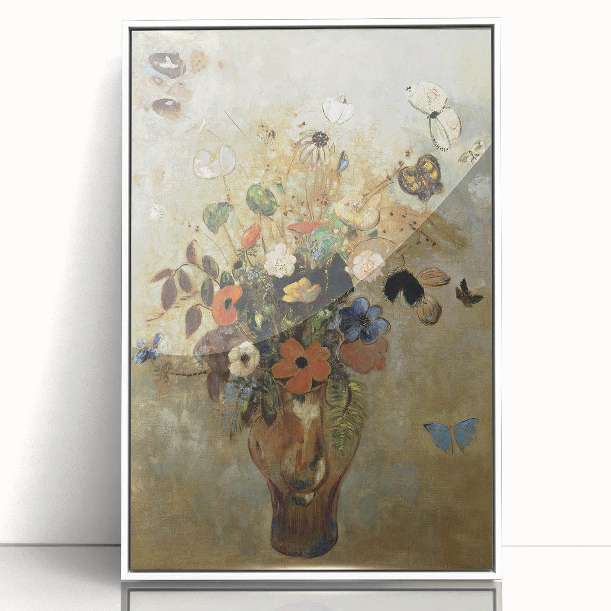 Vintage Floral Bouquet in Vase with Butterflies – Framed Wall Art