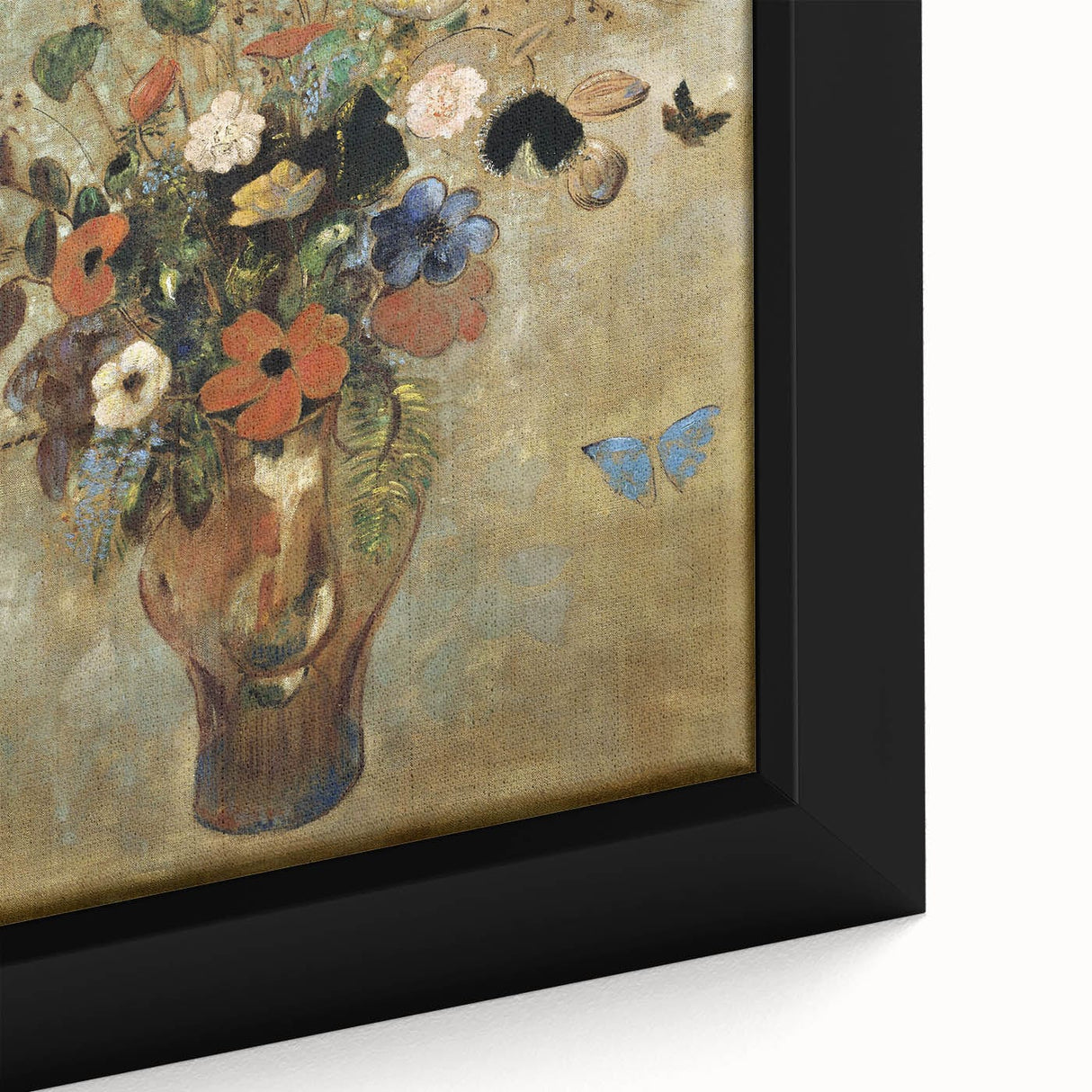 Vintage Floral Bouquet in Vase with Butterflies – Framed Wall Art