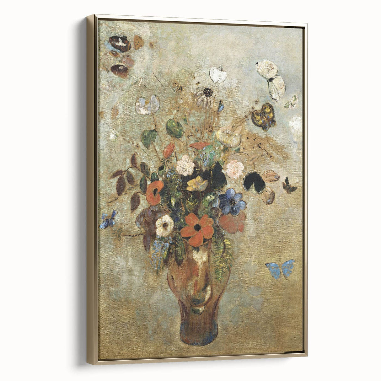 Vintage Floral Bouquet in Vase with Butterflies – Framed Wall Art