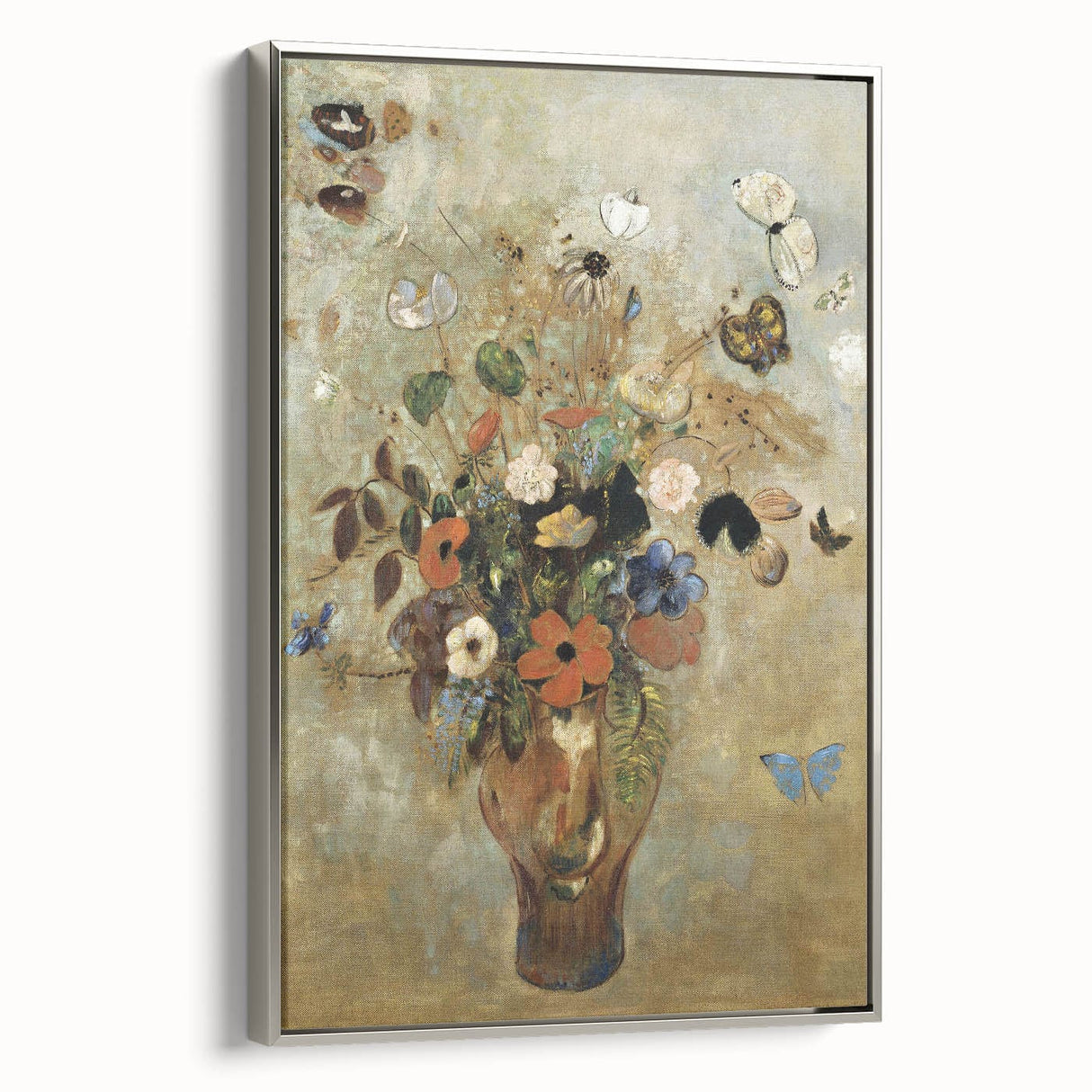 Vintage Floral Bouquet in Vase with Butterflies – Framed Wall Art