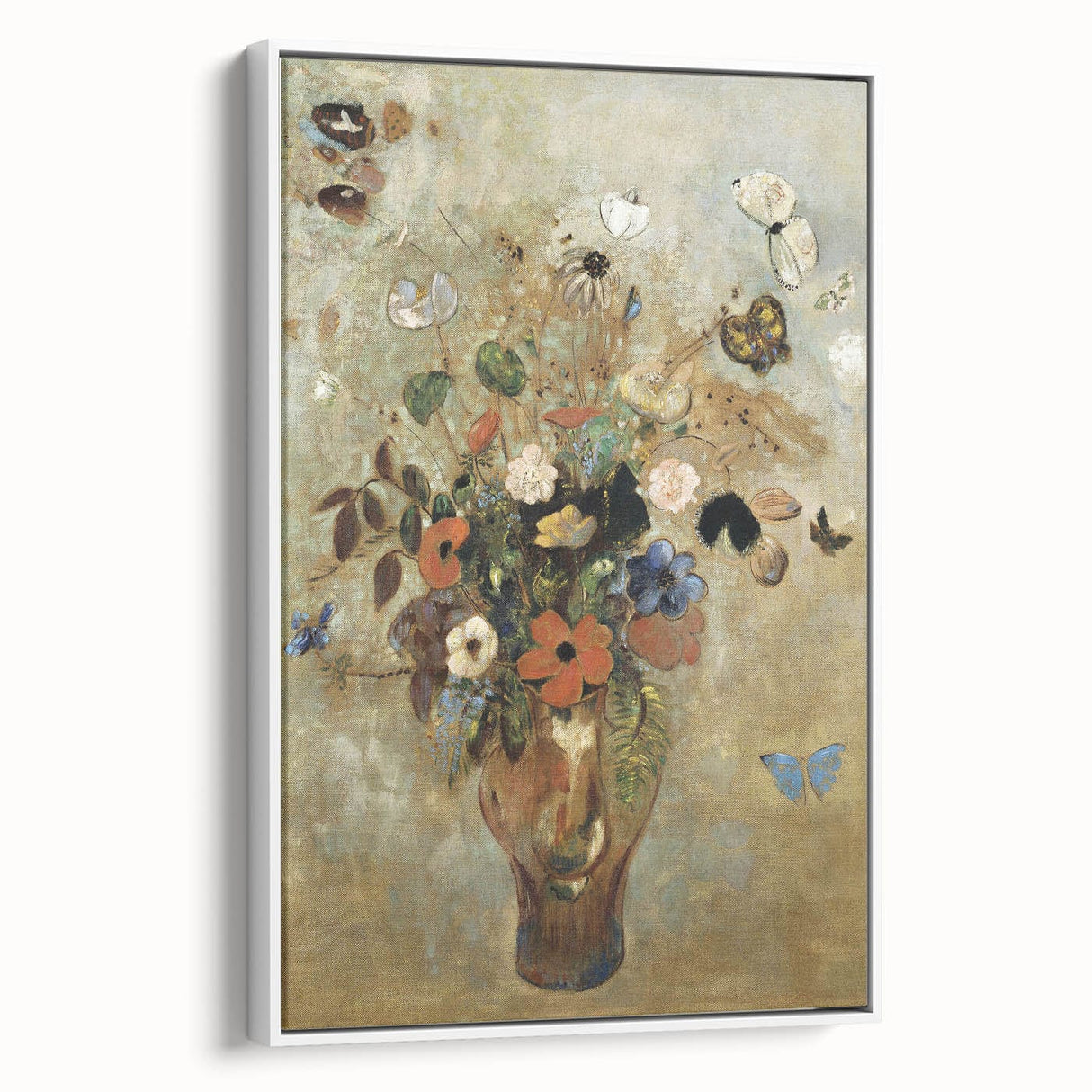 Vintage Floral Bouquet in Vase with Butterflies – Framed Wall Art