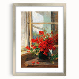 Vintage Red Poppies in Vase by Window – Framed Wall Art