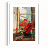 Vintage Red Poppies in Vase by Window – Framed Wall Art