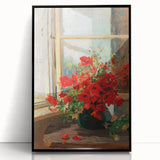 Vintage Red Poppies in Vase by Window – Framed Wall Art