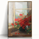 Vintage Red Poppies in Vase by Window – Framed Wall Art