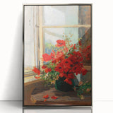 Vintage Red Poppies in Vase by Window – Framed Wall Art