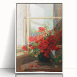 Vintage Red Poppies in Vase by Window – Framed Wall Art