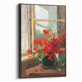 Vintage Red Poppies in Vase by Window – Framed Wall Art