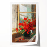 Vintage Red Poppies in Vase by Window – Framed Wall Art