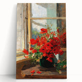 Vintage Red Poppies in Vase by Window – Framed Wall Art